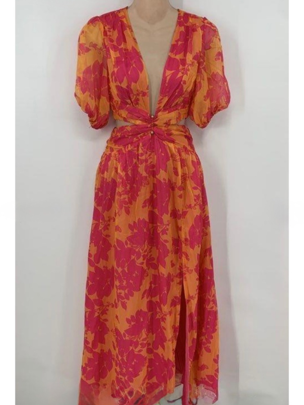 NWOT Showpo Pink & Orange Print Cutout Dress w/ Gold Hardware